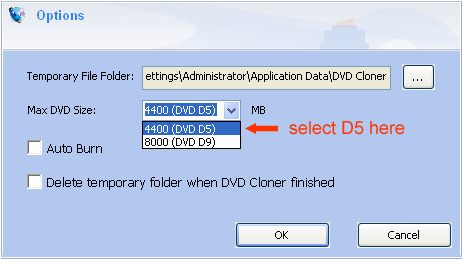 select DVD-5 in Any DVD Cloner options